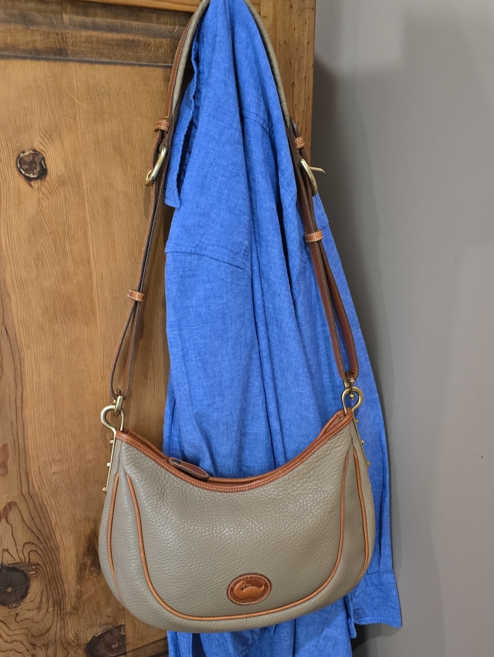 Dooney & Bourke Pebbled Taupe Shoulder Bag with Tan Trim